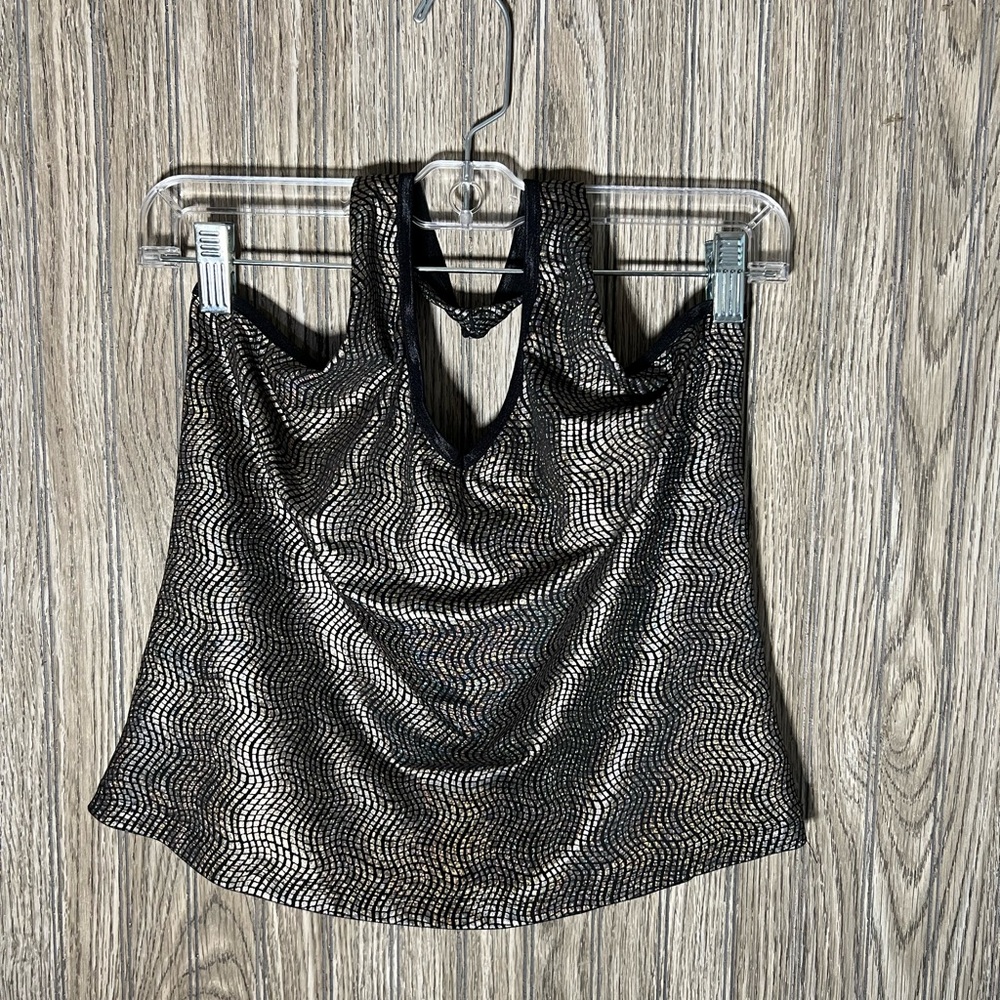 y2k Black Silver Stretch Halter Tank Top Blouse Rave Disco Glam